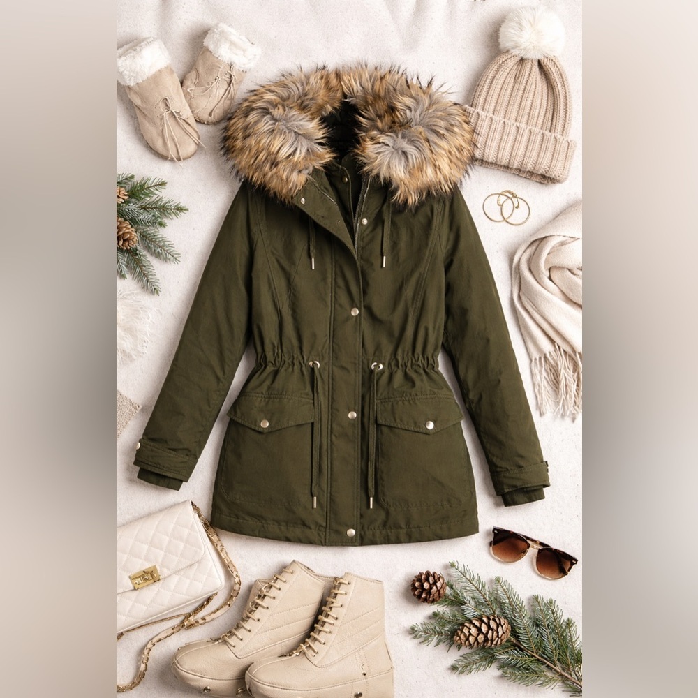 🔥 Zara Khaki Faux Fur Hooded Parka XS Winter Puffer Coat | Military Green Jacket - Picture 1 of 10